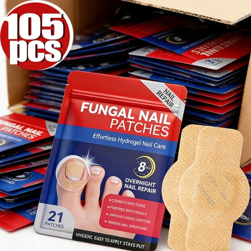Box of fungal nail patches for overnight nail repair with a hand demonstrating application.