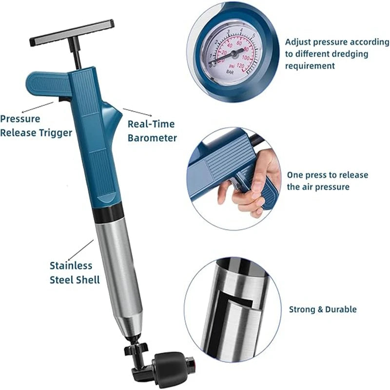 A heavy-duty stainless steel toilet plunger with a pressure release trigger and a barrel for dredging.