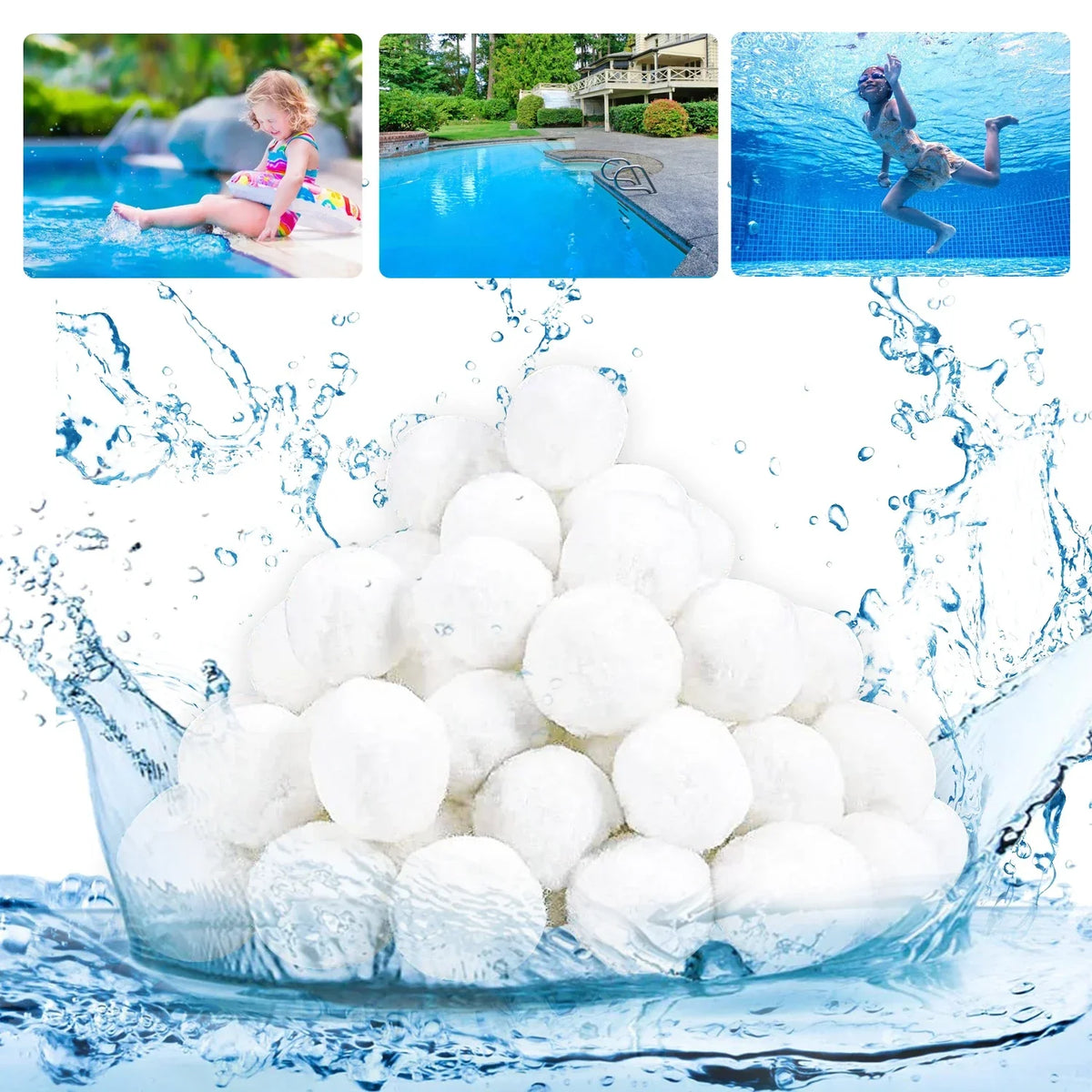 A pile of white eco-friendly pool filter cleaning balls surrounded by splashing water.
