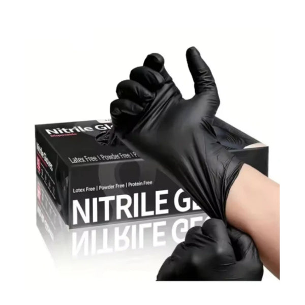 A black disposable nitrile cleaning glove is shown on a hand, ready for use.