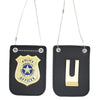 A black felt badge with gold lettering and a silver chain, designed as a police officer cosplay toy.