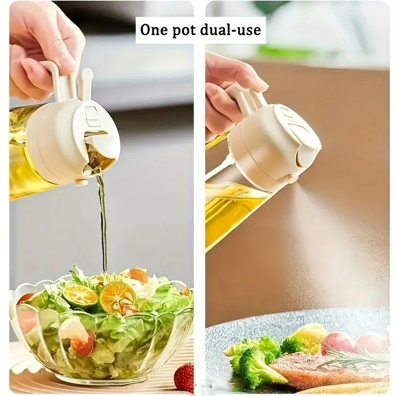 A hand is using a one pot dual-use oil spray bottle to drizzle olive oil over a fresh salad.