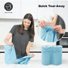 A woman is using a blue reusable cleaning cloth, demonstrating the easy tear-away feature of the towel roll.