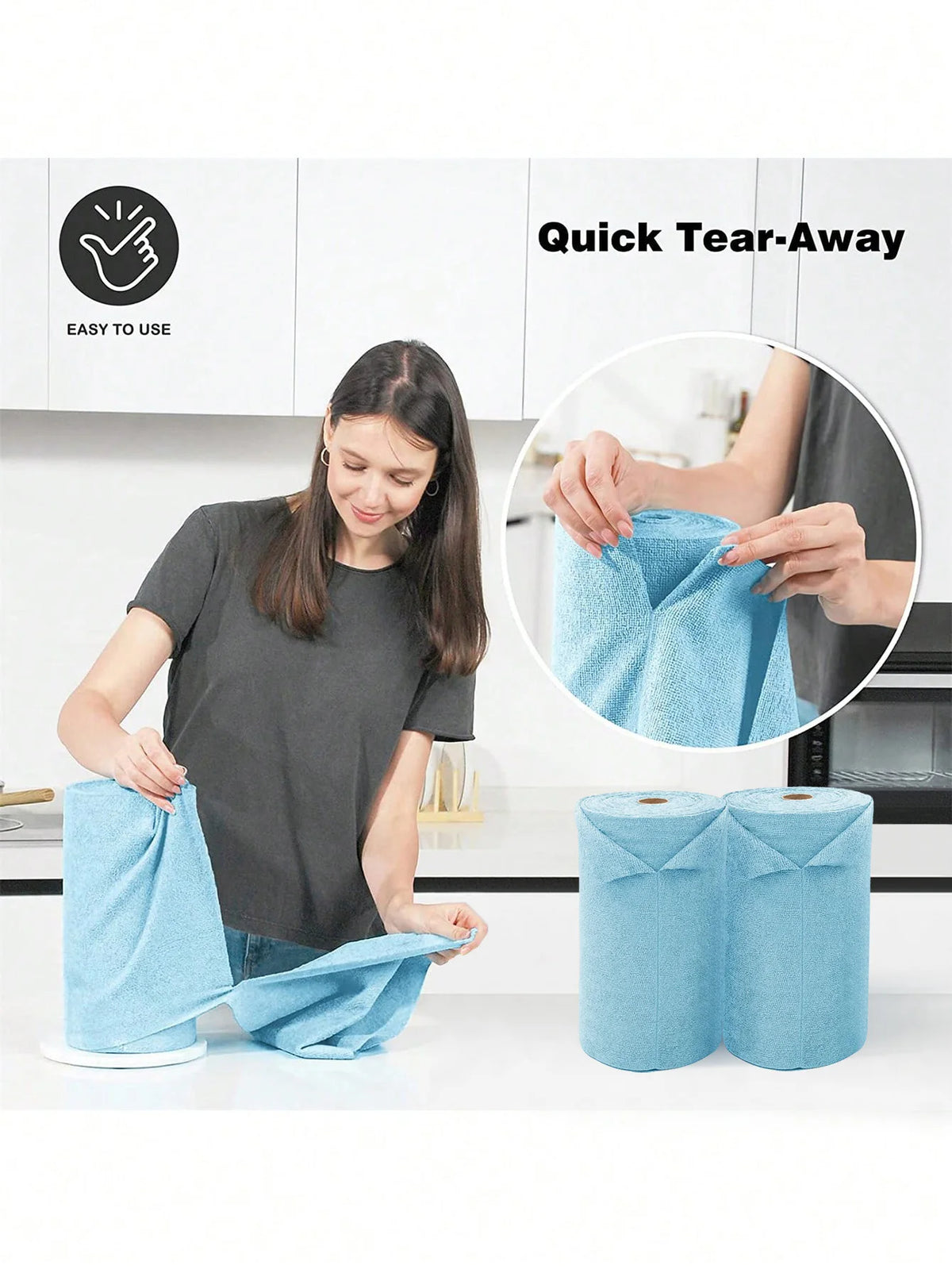 A woman is using a blue reusable cleaning cloth, demonstrating the easy tear-away feature of the towel roll.
