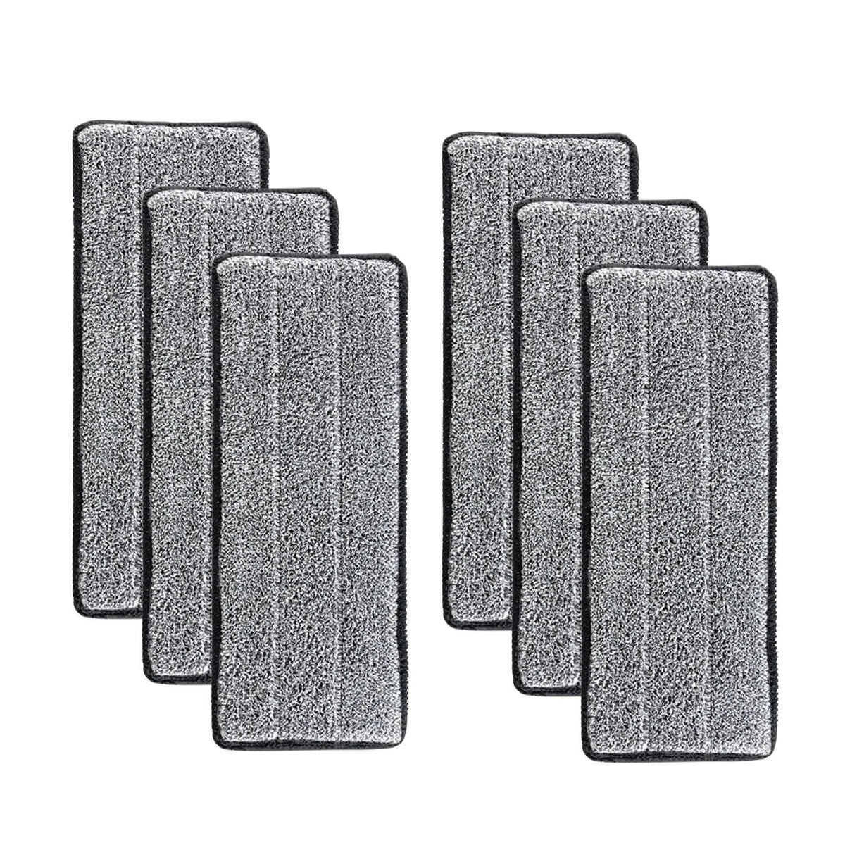 A set of six gray reusable microfiber mop pad refills for spray mops.