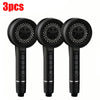 Three black high pressure shower heads with cleaning features displayed side by side.