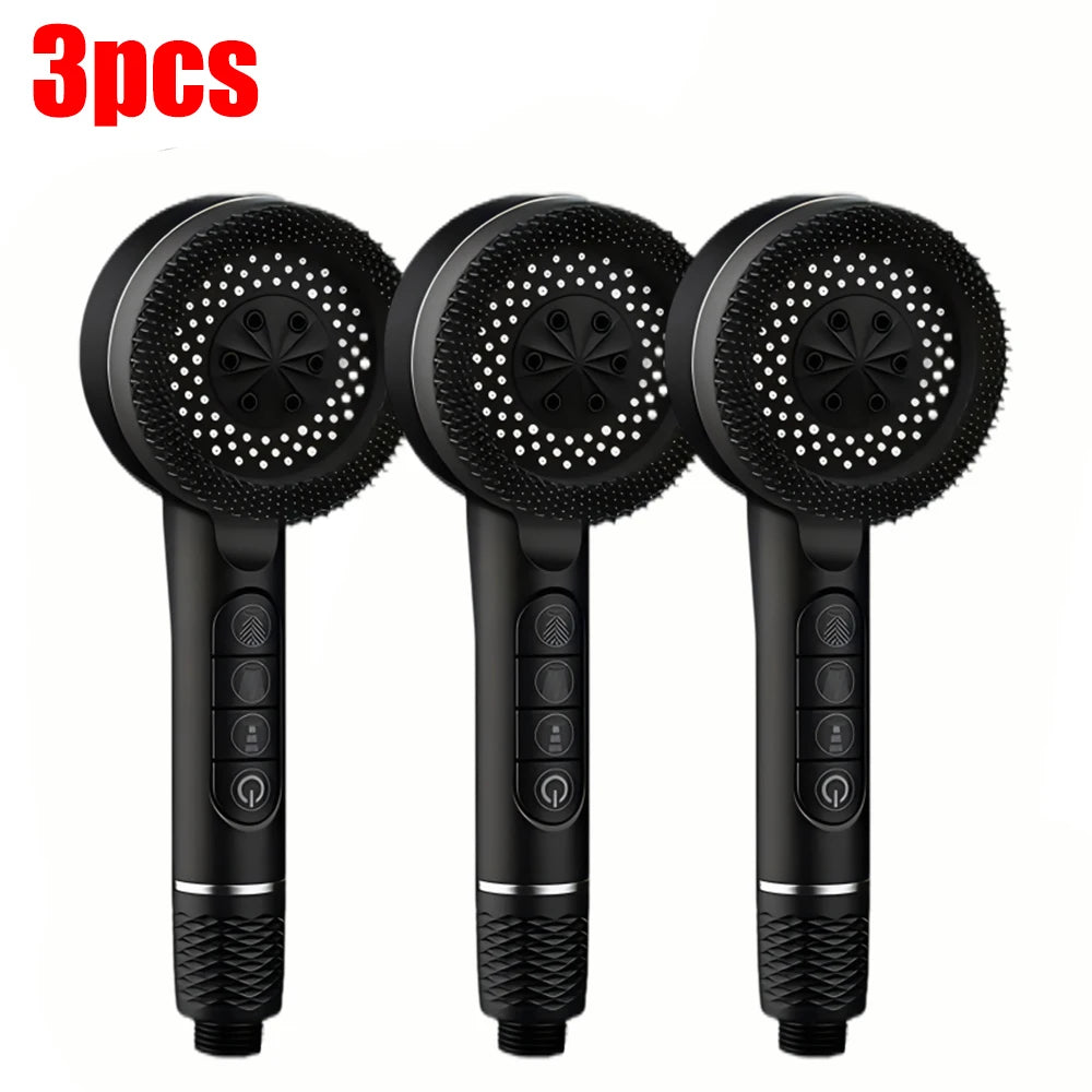 Three black high pressure shower heads with cleaning features displayed side by side.
