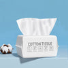 A white box of disposable cotton tissue with icons indicating uses for acne, menstrual period, sensitive skin, and makeup.