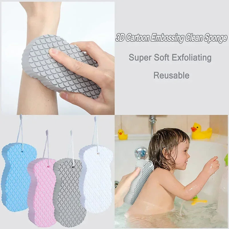 A child is using a 3D cartoon embossing clean sponge exfoliating brush on their foot in a bathtub.