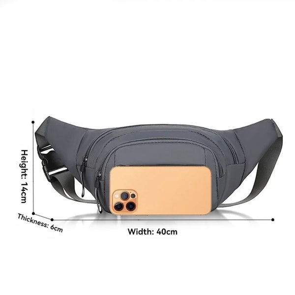 Graue Canvas-Bauchtasche mit beige quadratischer Tasche und schwarzen Riemen von oben