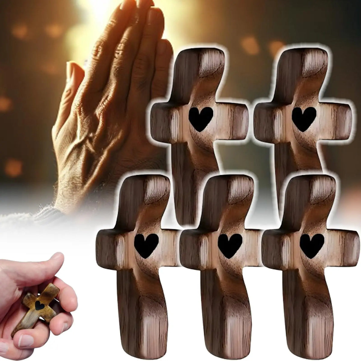 Several handcrafted wooden pocket crosses are shown, with one hand holding a small cross.