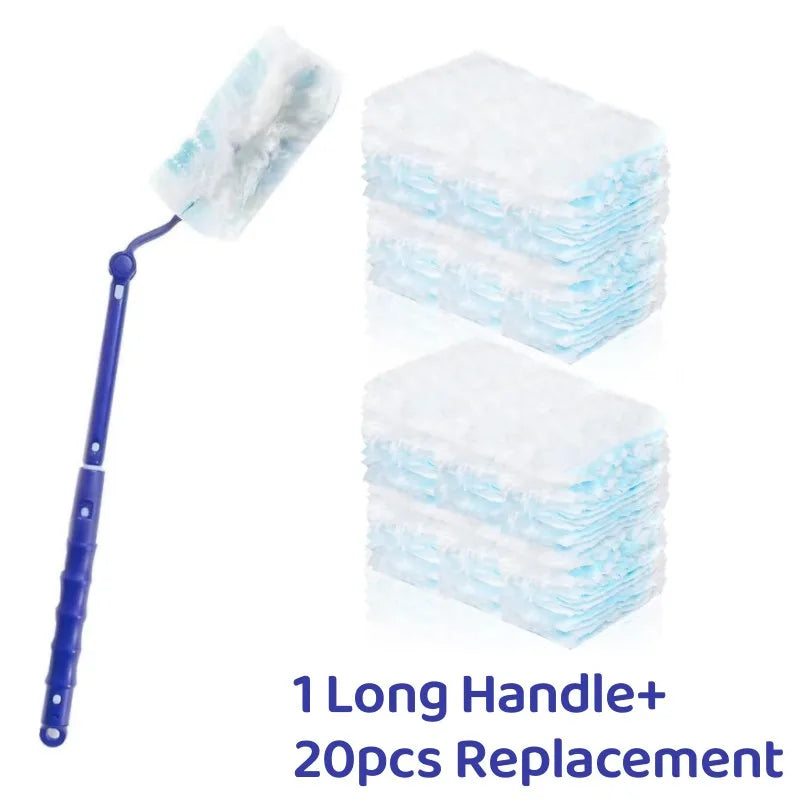 A long handle electrostatic cleaning duster with 20 replacement white and blue cleaning wipes.