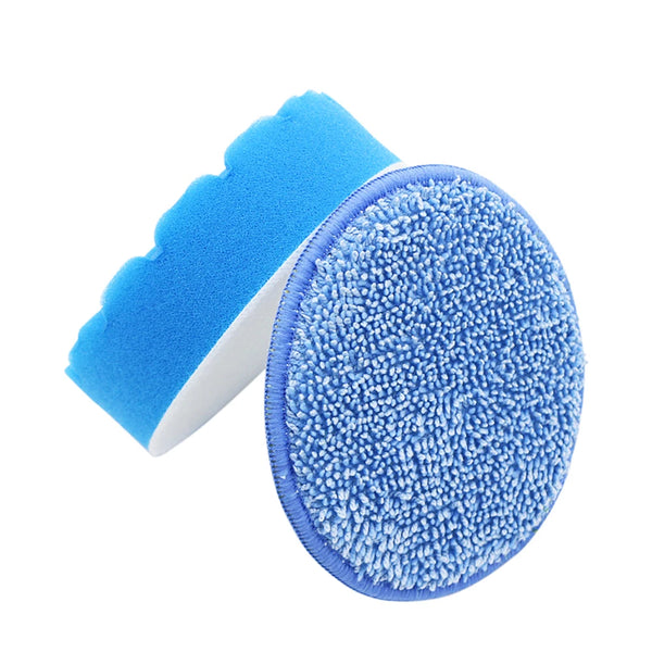 A set of three blue cleaning brush heads including a sponge, scouring pad, and polishing disc.