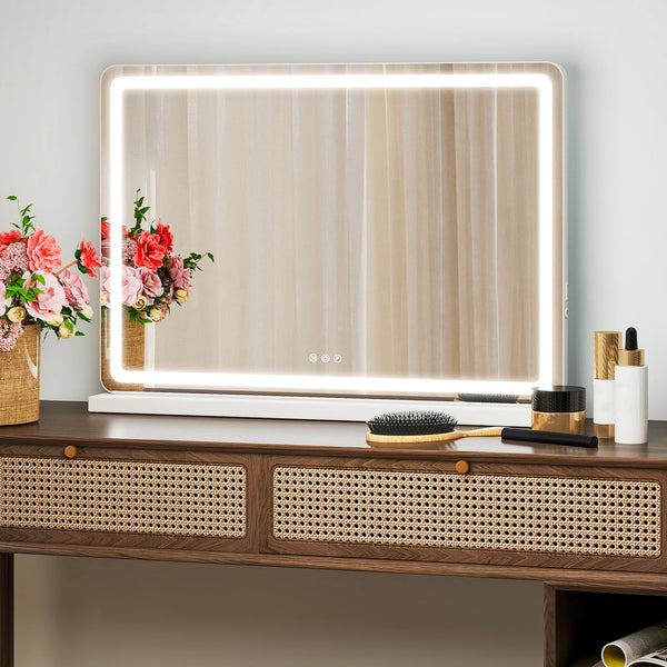 A rectangular vanity mirror with a bright LED light frame sits on a dark wooden dresser.