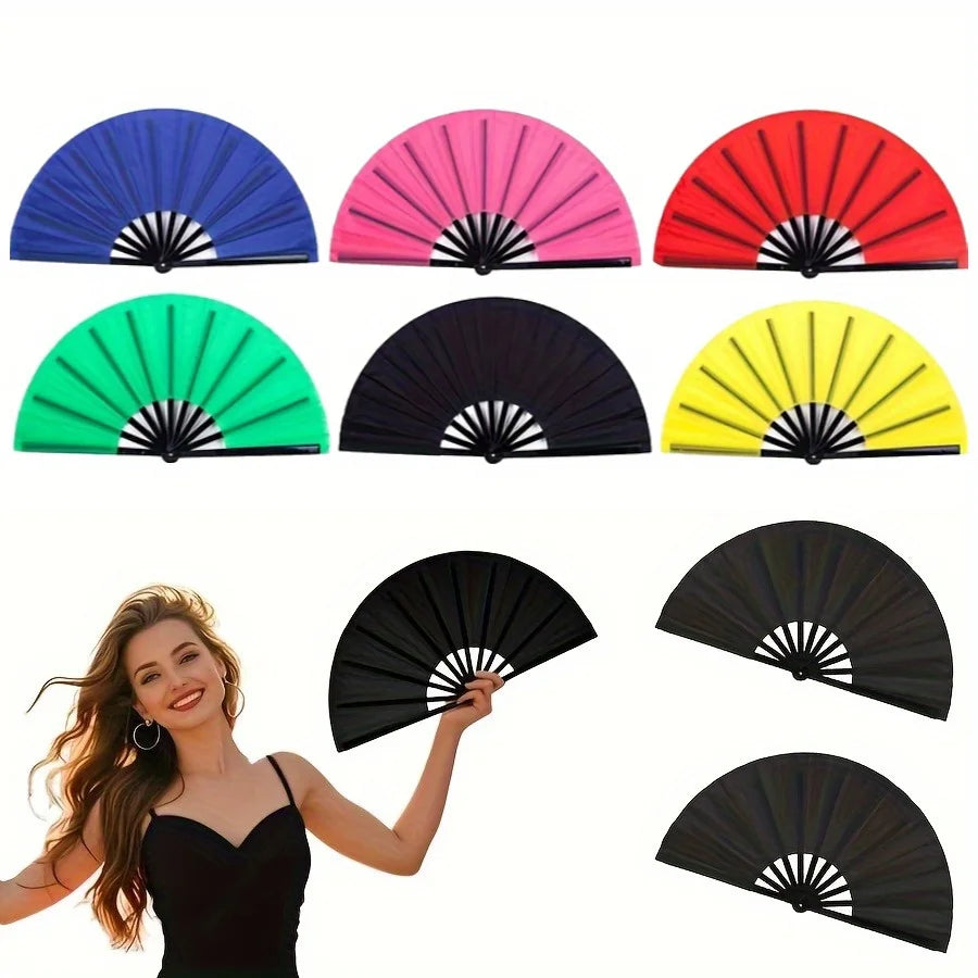 A collection of colorful handheld folding fans in various shades including blue, pink, red, and green, shown alongside a woma