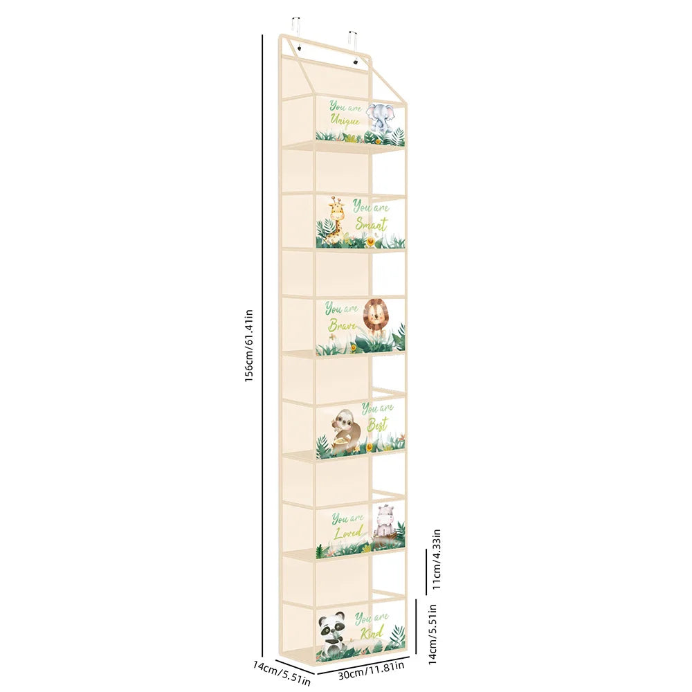 A tall, multi-layer door organizer with various plant and decorative elements for storage.