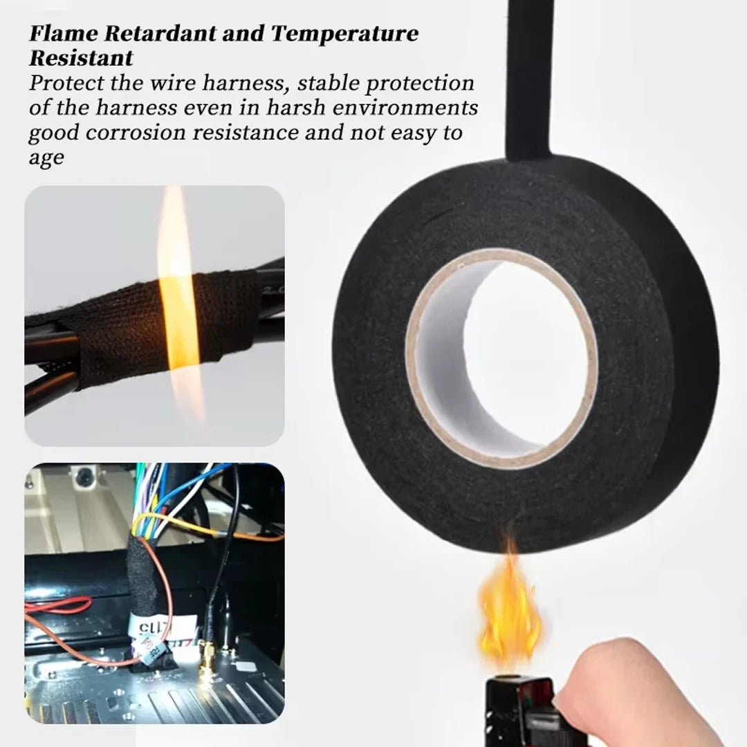 A black electrical insulation tape is shown being used to protect a wire harness in a harsh environment.