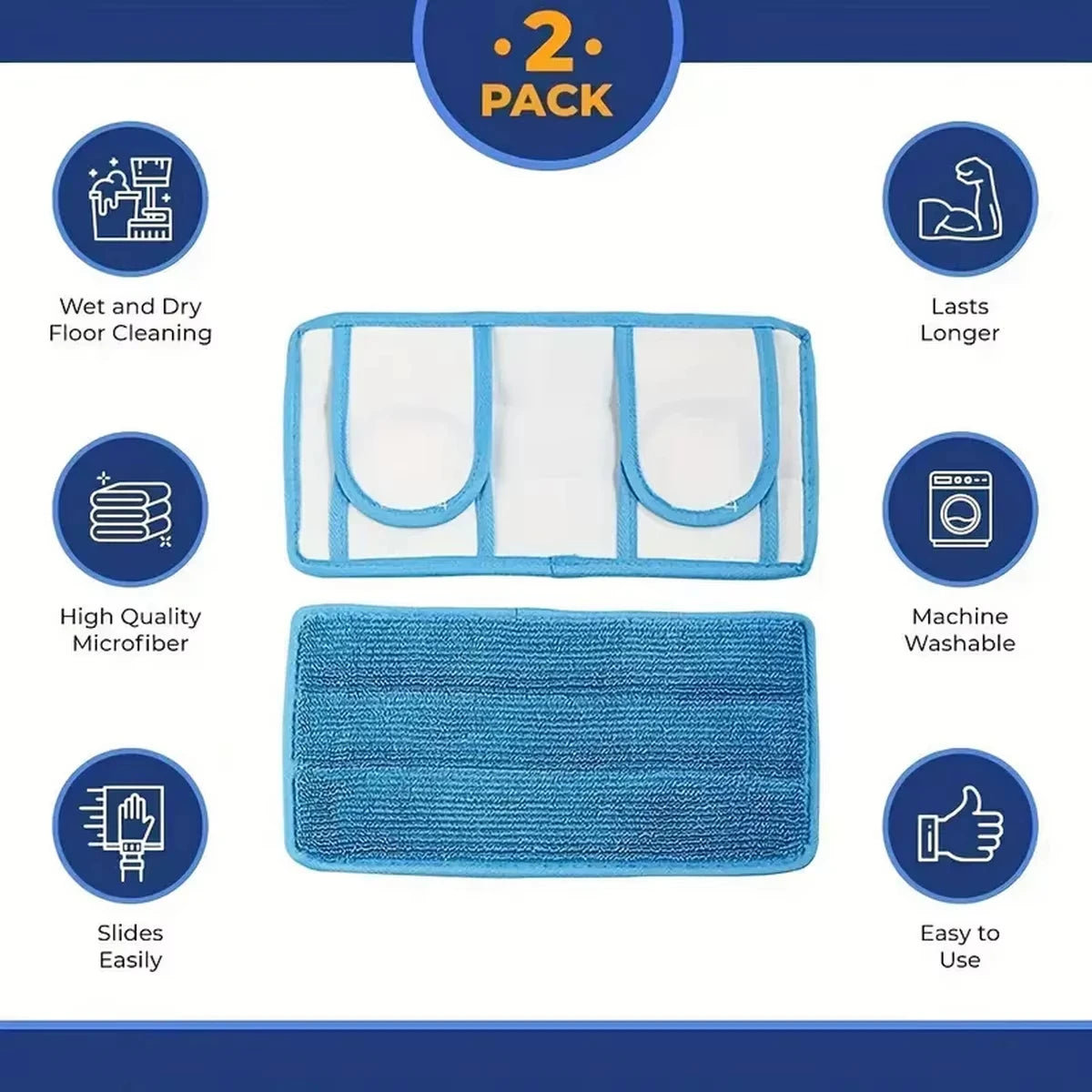 A set of two blue microfiber mop pads for wet and dry floor cleaning.
