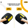 Comparison of new and old style reusable electrostatic pet hair remover gloves shown side by side