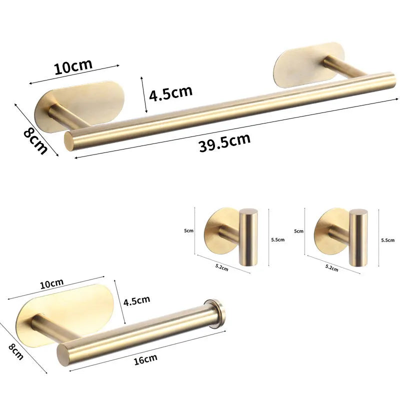 Stainless steel bathroom towel and paper rack set with various sized bars and holders.
