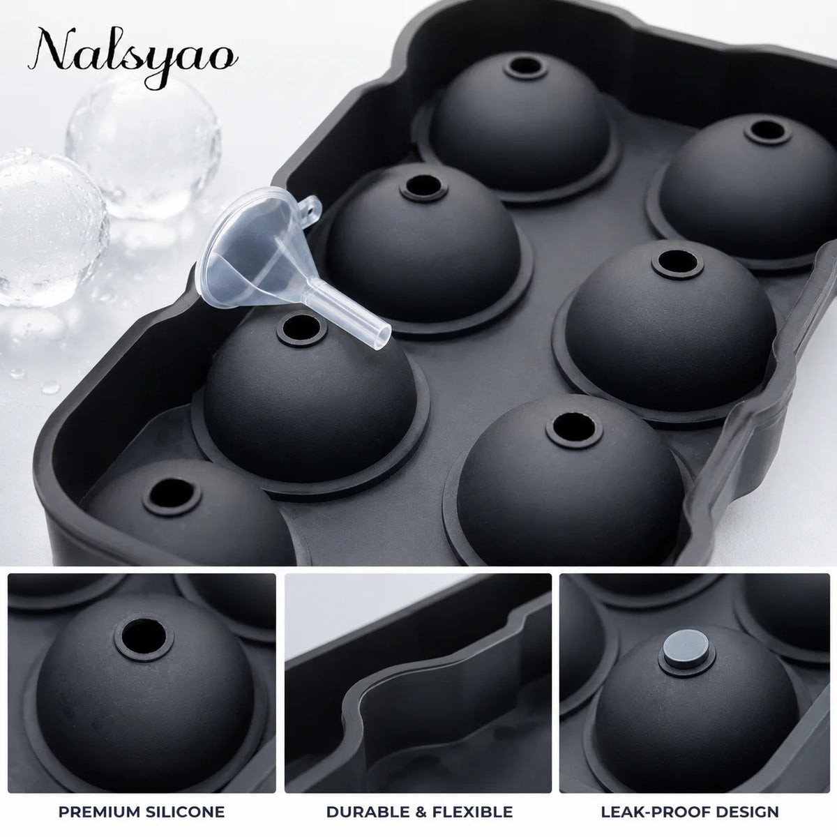 A black silicone ice mold tray with multiple spherical molds for whiskey and cocktails.