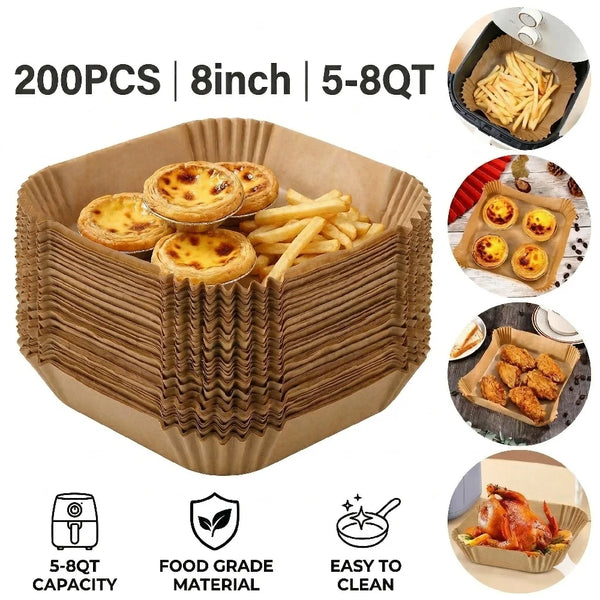 A brown paper liner for an air fryer containing french fries and other food items.