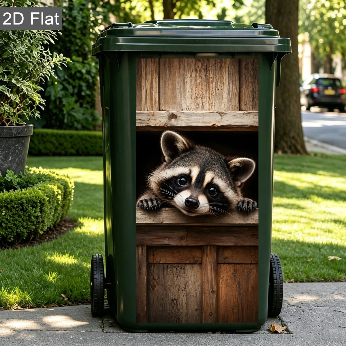 Un cubo de basura verde con un calcomanía de cara de mapache de madera en la parte delantera, sentado al aire libre.