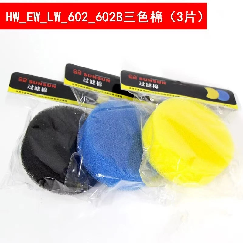 Three colored filter media sponges in black, blue, and yellow for aquarium canister filters