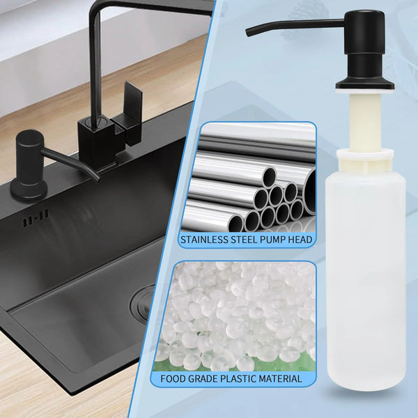 A black faucet mounted on a sink shows a white liquid soap dispenser with a black pump head and food grade plastic material.
