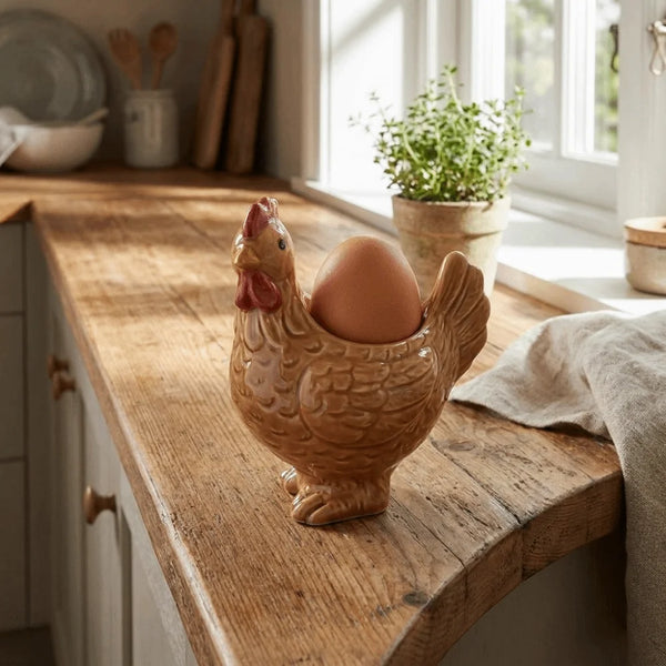 A brown ceramic chicken egg cup holding a single brown egg sits on a wooden countertop.