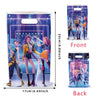 A set of K-Pop themed birthday party decor featuring three female idols in colorful outfits against a sparkling background.