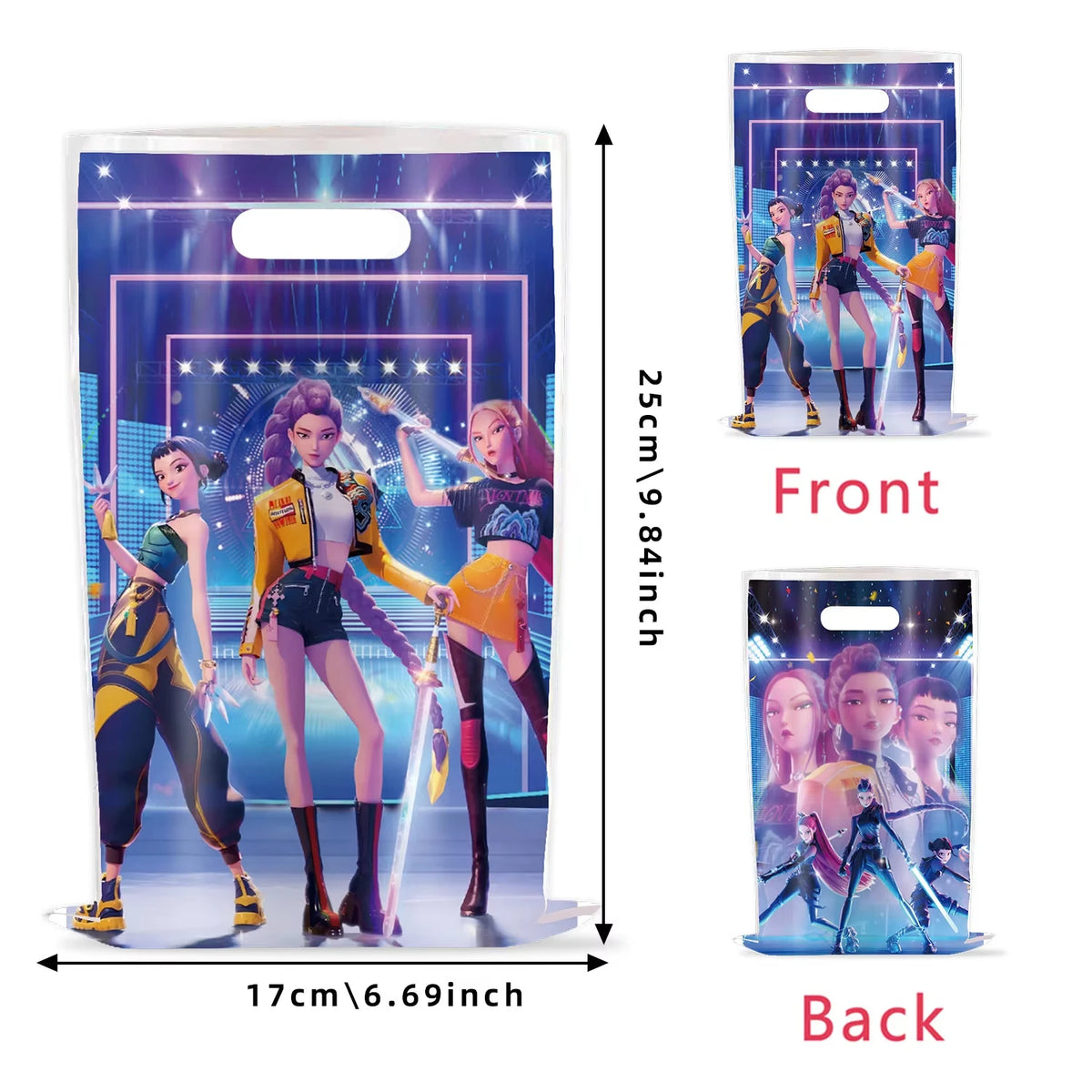 A set of K-Pop themed birthday party decor featuring three female idols in colorful outfits against a sparkling background.