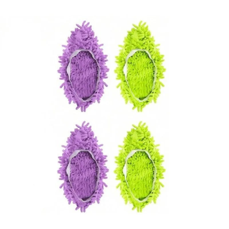 Fünf Paar Mikrofaserstaubschuhe in lila und limettengrün.