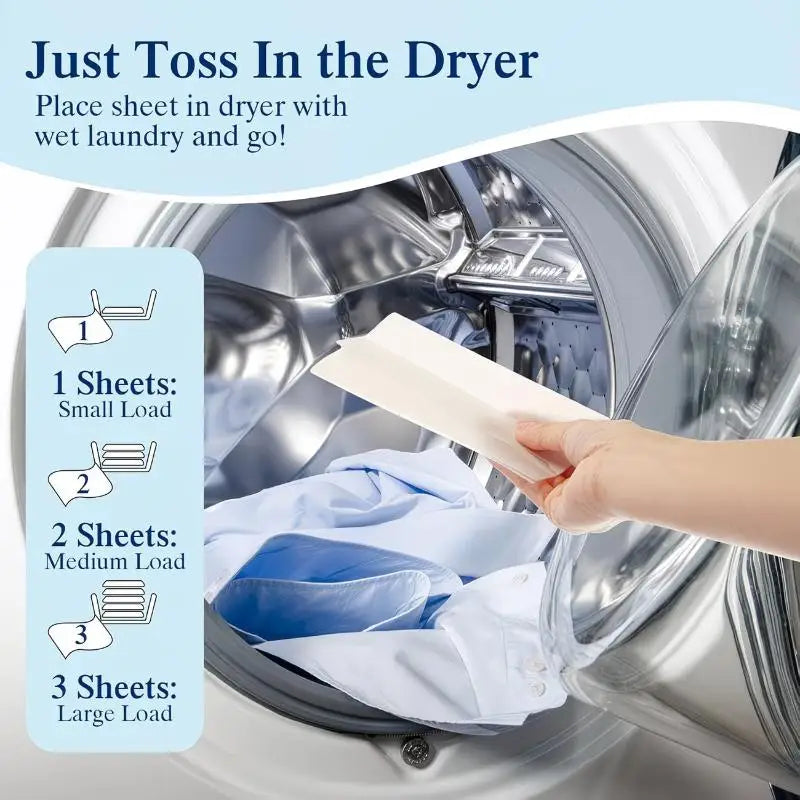 A hand places dryer sheets into a washing machine drum for laundry refreshment.