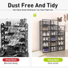 A set of stackable clear plastic shoe storage boxes with front doors used for dust-proof shoe storage.
