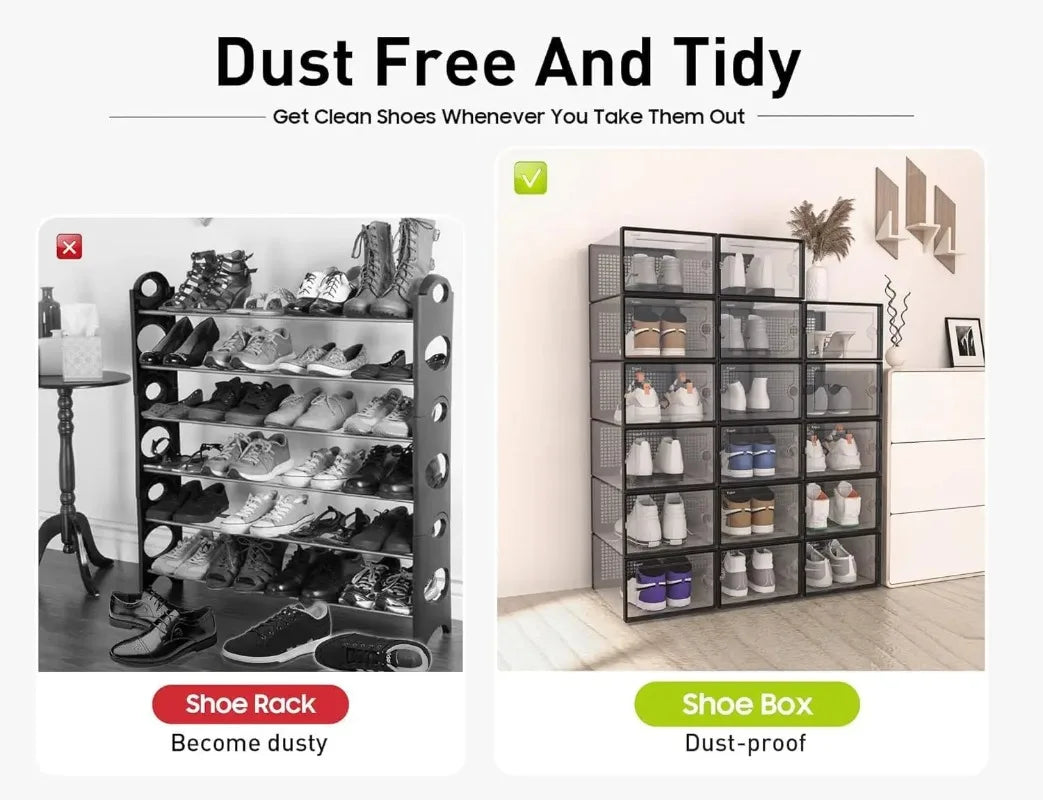 A set of stackable clear plastic shoe storage boxes with front doors used for dust-proof shoe storage.