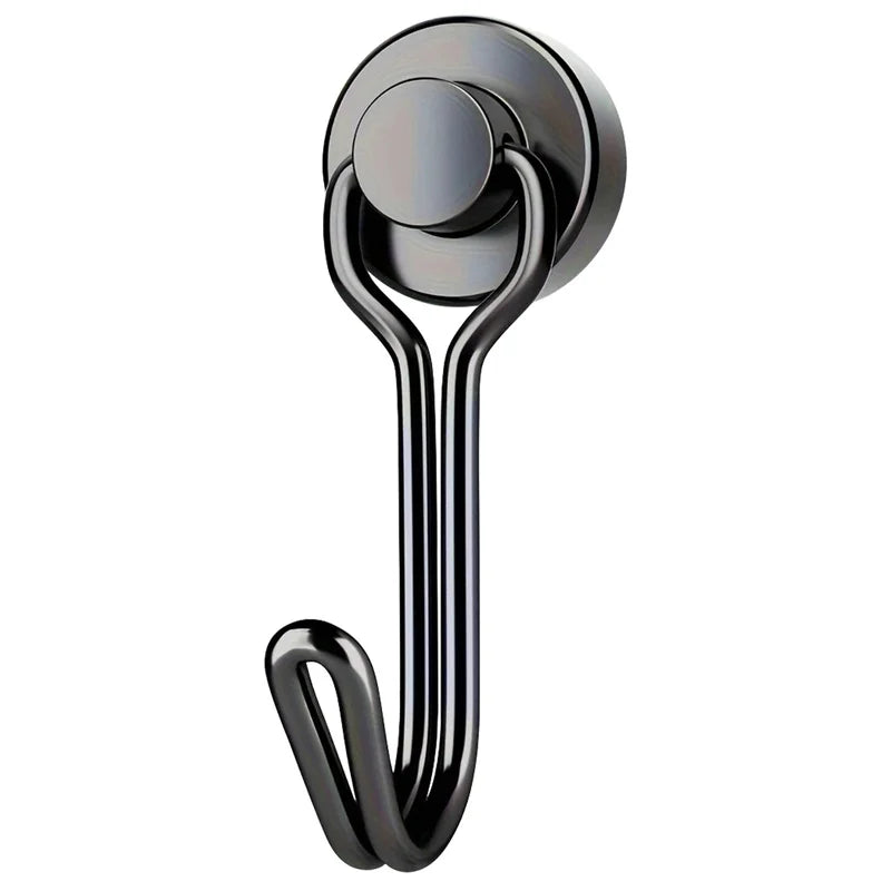 A close-up view of a heavy duty magnetic hook with a round opening and a curved hanging loop.