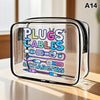A clear plastic storage pouch containing plugs, cables, and chargers for electronic devices.