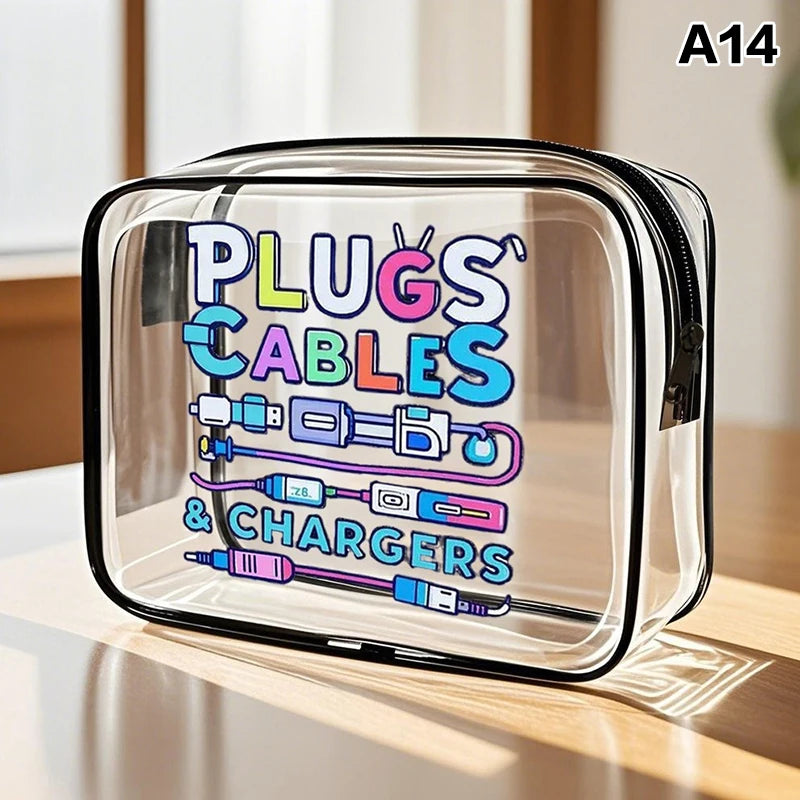 A clear plastic storage pouch containing plugs, cables, and chargers for electronic devices.