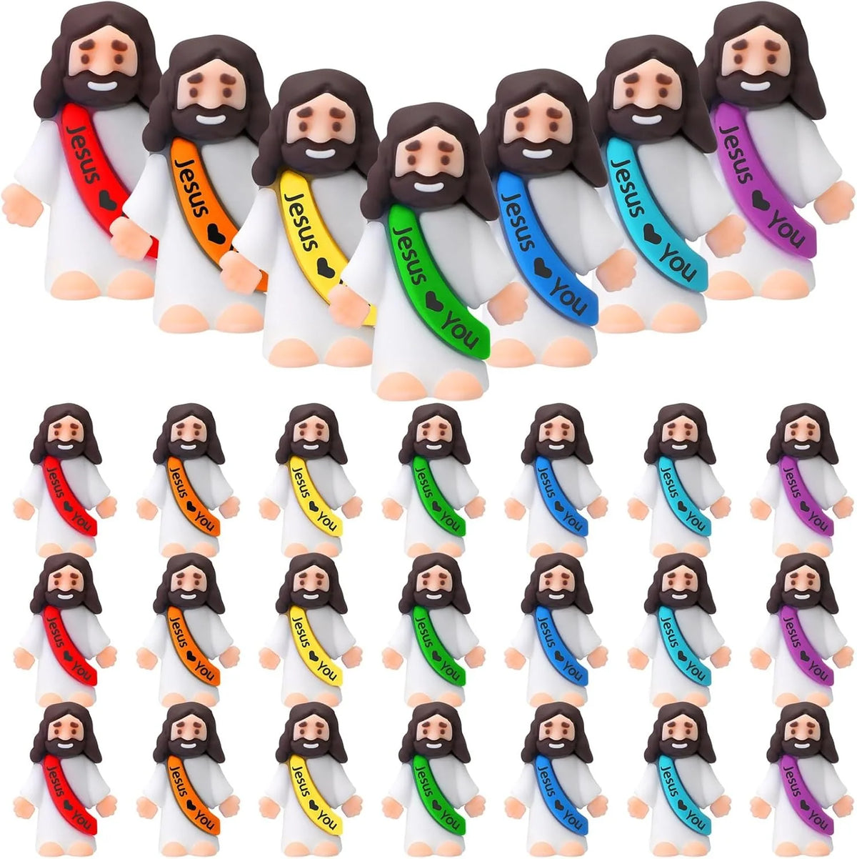 Collection d'ornements miniatures de Jésus en blanc, noir et accents colorés pour la foi et la célébration.