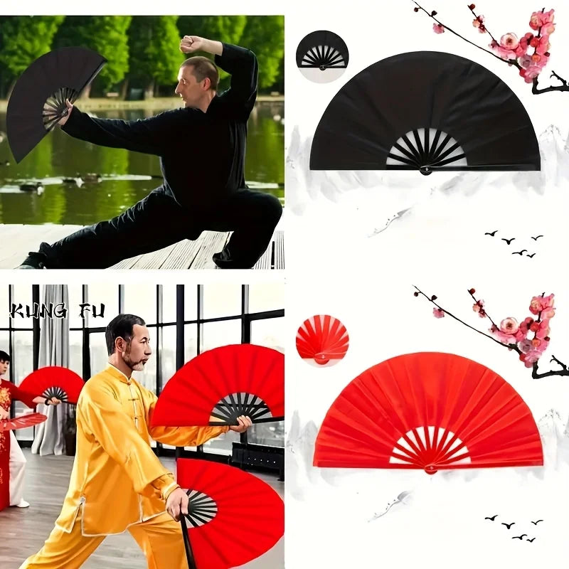 A collection of folding fans in black and red, including a person using a black fan and various colored fans.