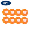 Eight reusable orange lint and hair remover balls with white bear-like heads.