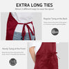 A maroon chef apron shown with instructions for tying the ties at the back and front.