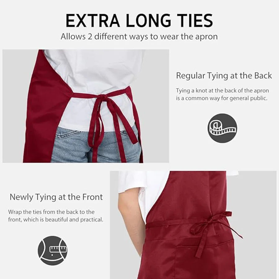 A maroon chef apron shown with instructions for tying the ties at the back and front.