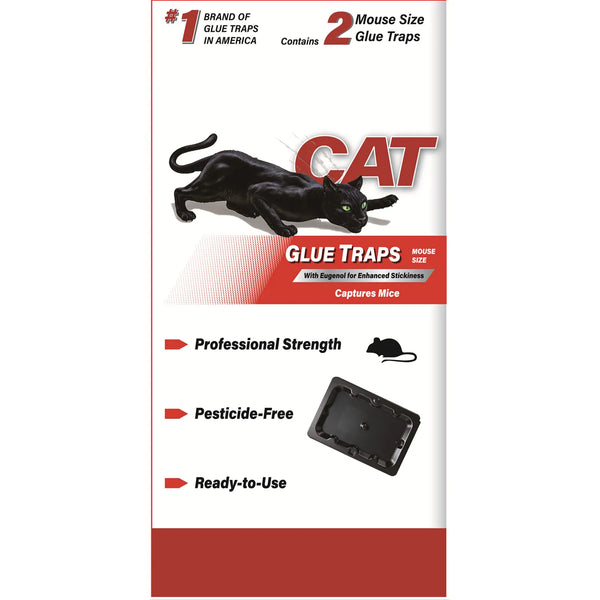 Packaging for Glue Traps, featuring a black cat silhouette and text highlighting professional strength and pesticide-free fea