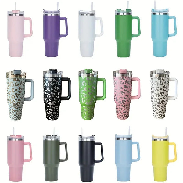 A row of twelve insulated stainless steel tumblers in various colors including pink, purple, white, green, and blue.
