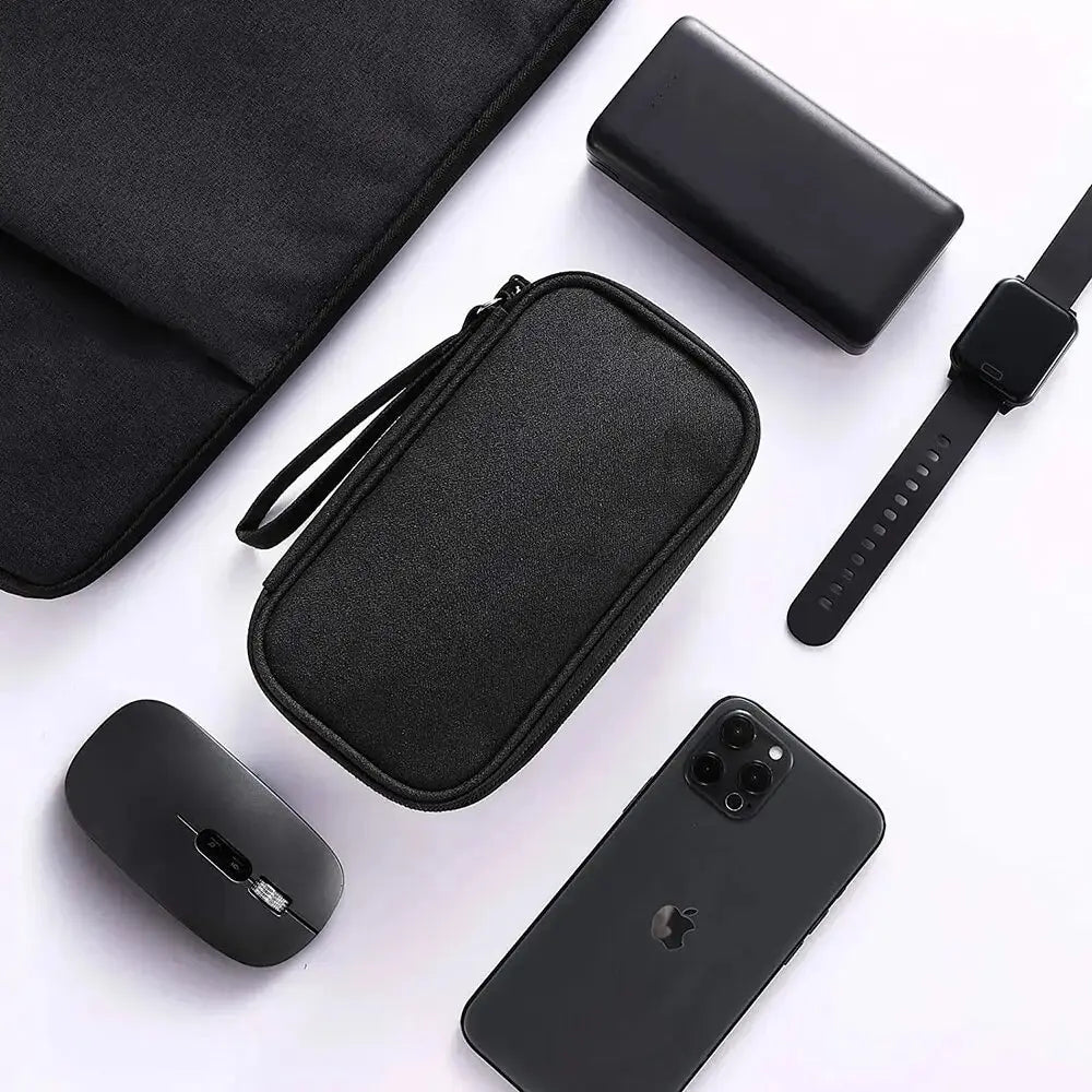 A black portable multi-use storage organizer pouch, a smartphone case, and a black smartwatch are displayed on a white backgr