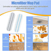 Microfiber mop pad showing various cleaning performance against hair, cracker crumbs, stains, and sawdust.