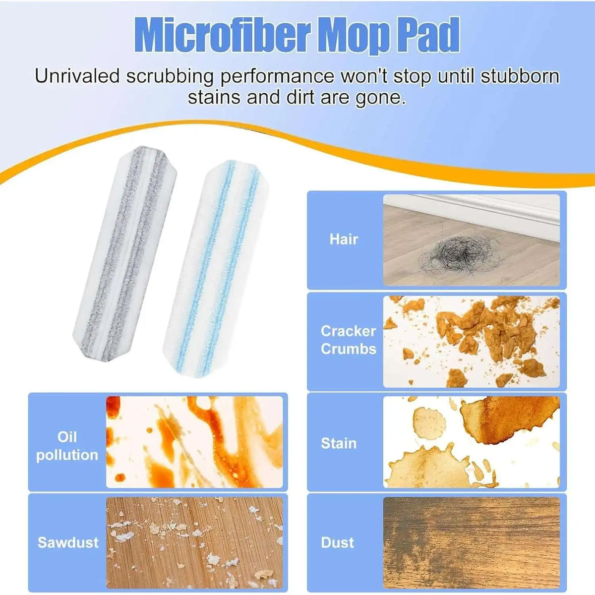 Microfiber mop pad showing various cleaning performance against hair, cracker crumbs, stains, and sawdust.