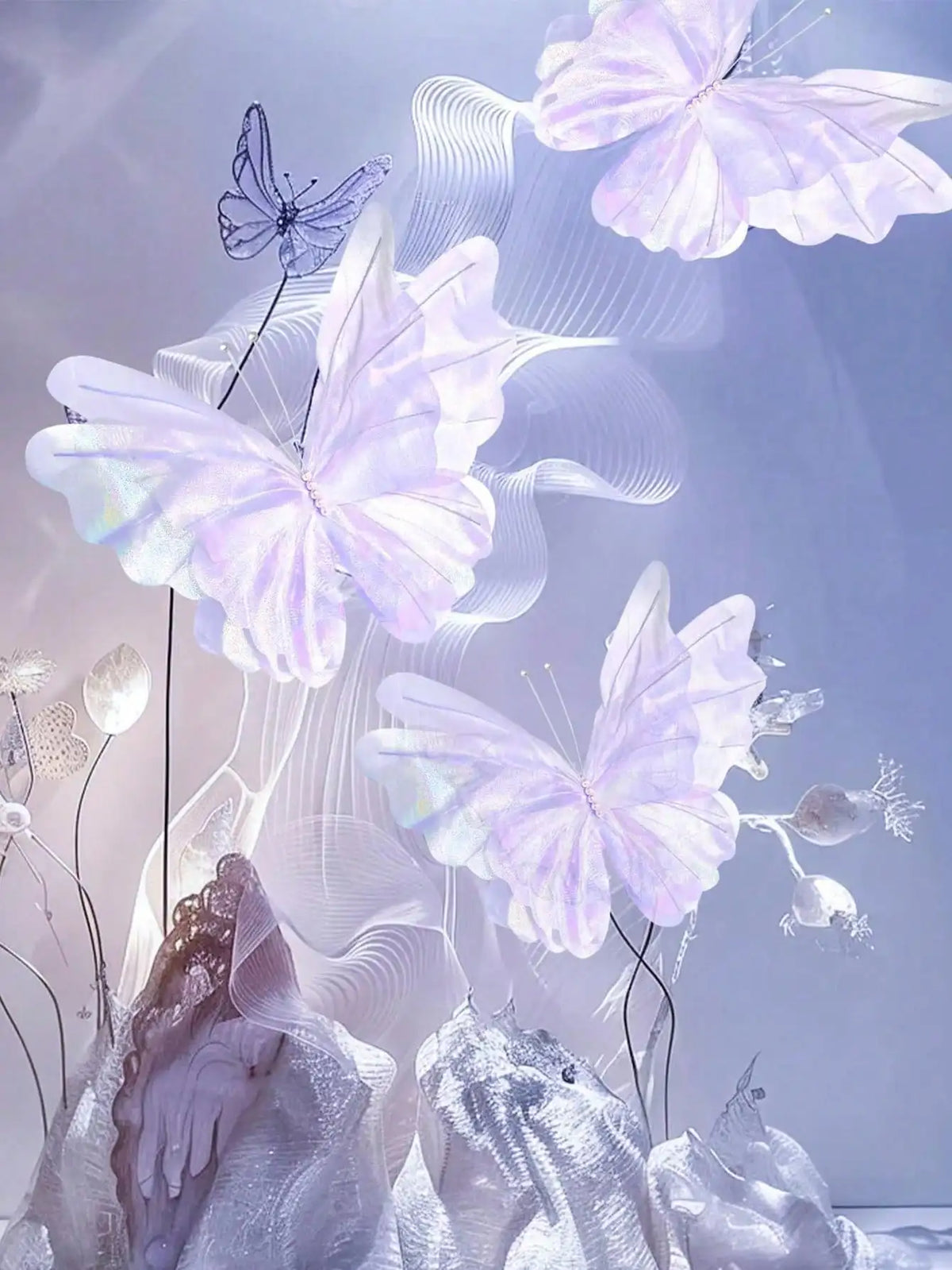 A close-up of delicate, translucent purple and white butterfly decorations floating against a soft light background.